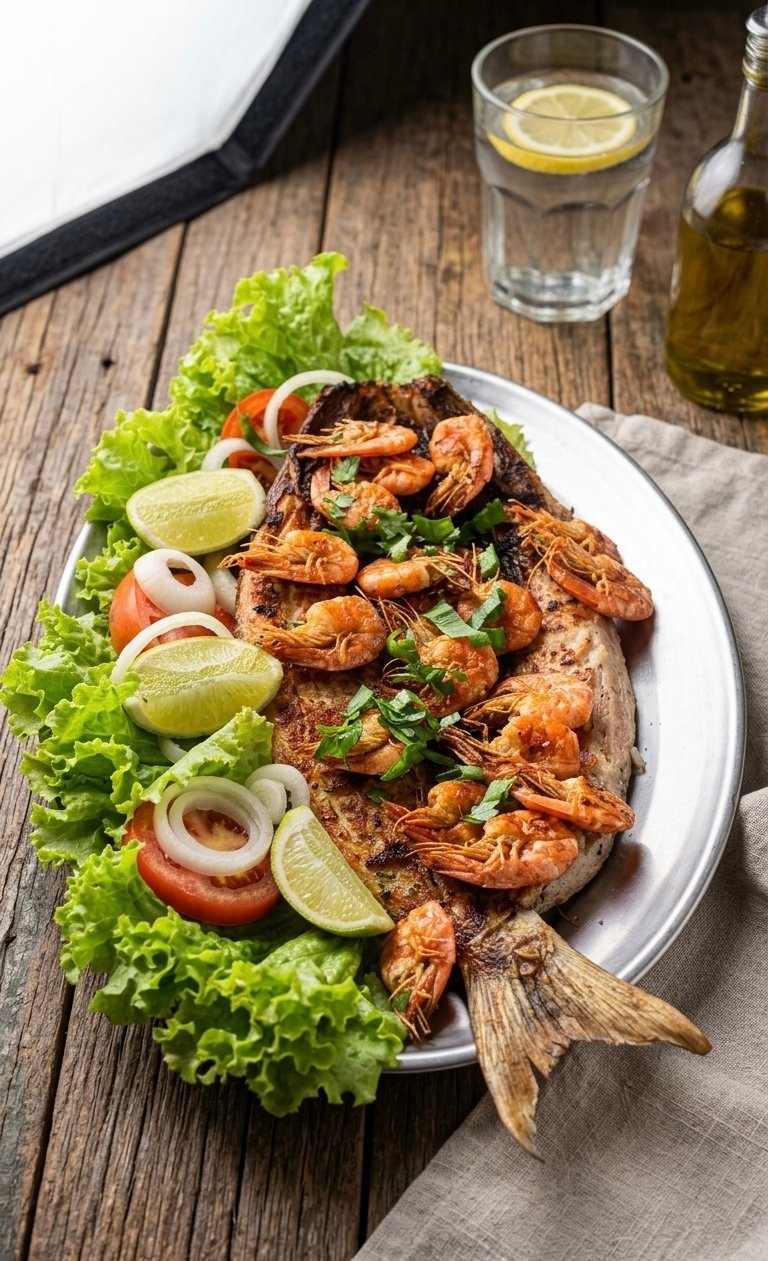 Peixe com camarões, limão e salada servido em uma travessa