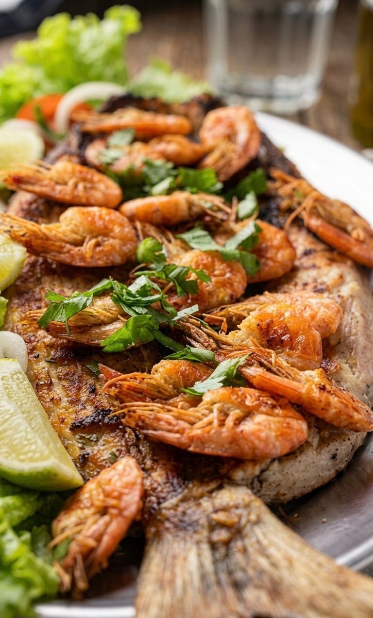 Detalhe do peixe com camarões e temperos servido em travessa