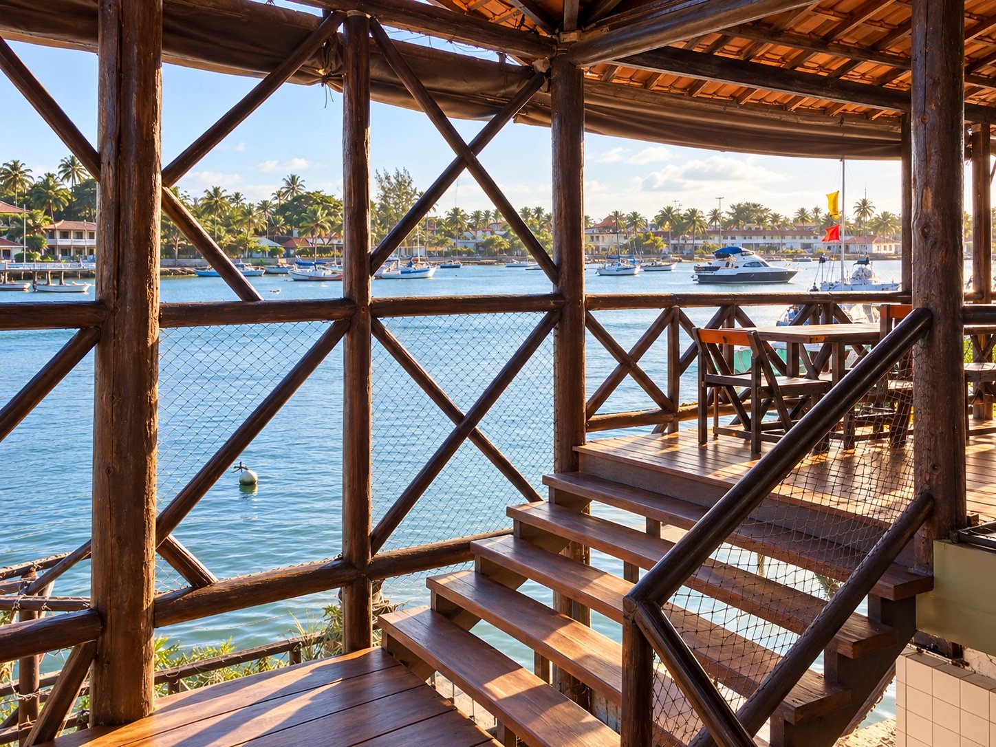 Escadaria de madeira do Restaurante da Ponte com vista para a água e os barcos